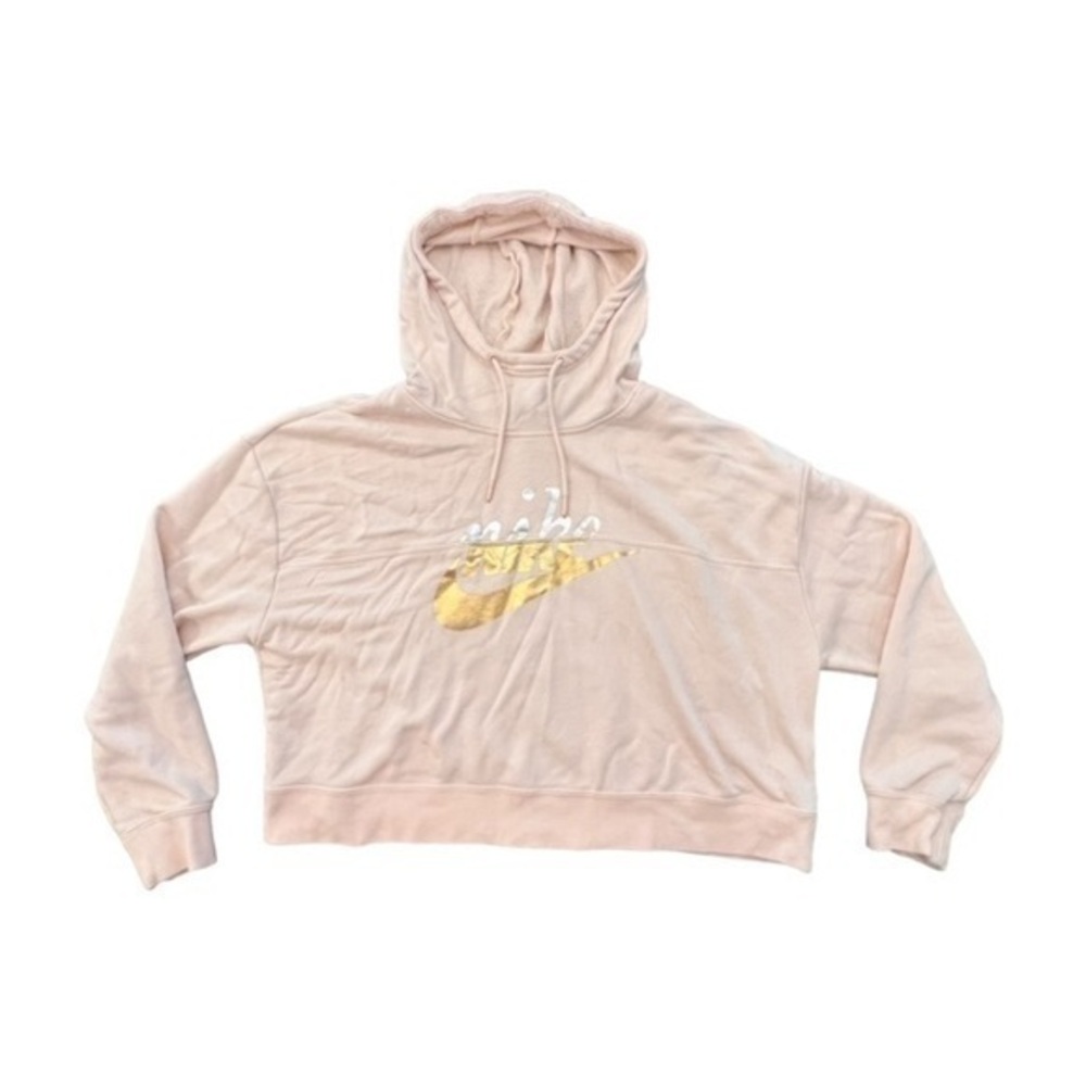 Nike Women’s Blush Pink Cropped Hoodie Size Large Silver Gold‎ LOGO Fleece Lined
